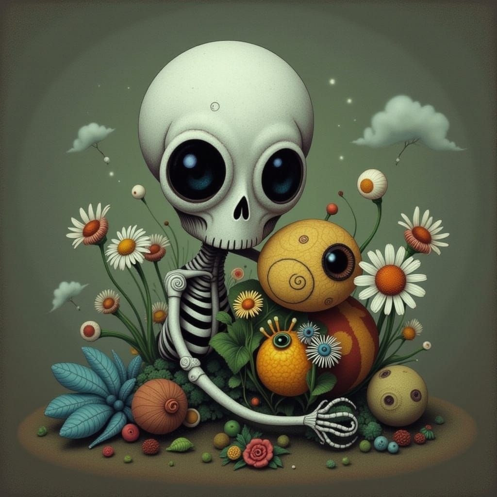 Skeleton Woman with Creature, Surreal Digital Art