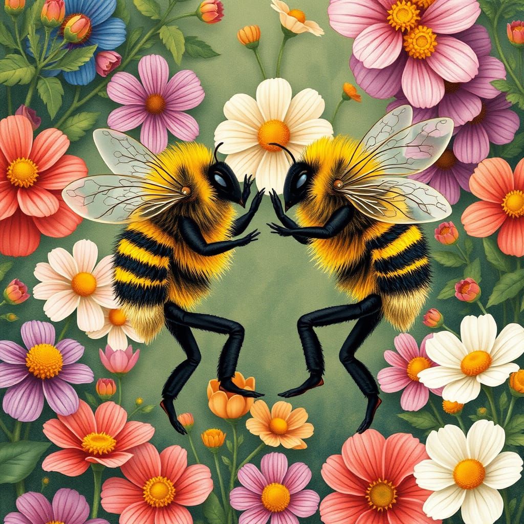 Bees Dancing in Floral Art Nouveau Style