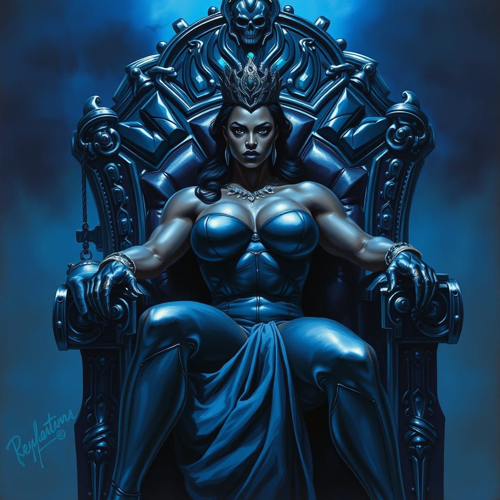 Regal Ebony Goddess Sits Majestically on Throne, Exuding Ari...