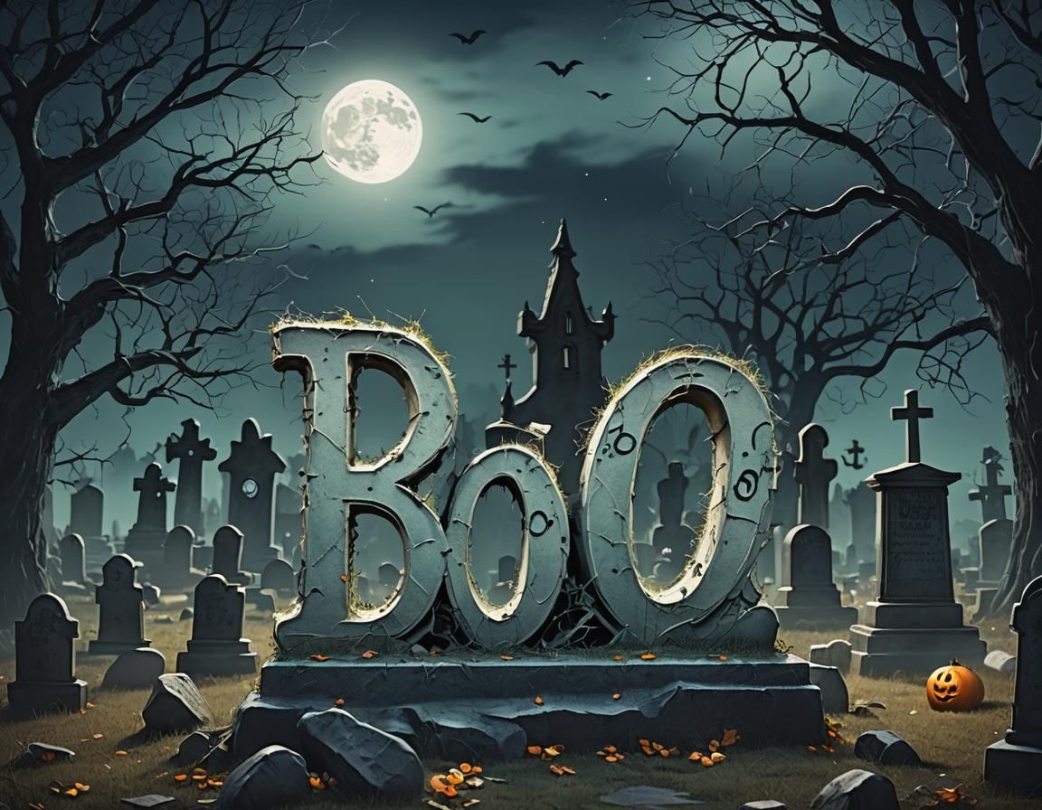 Ghostly 'BOO' in Graveyard with Volumetric Lighting