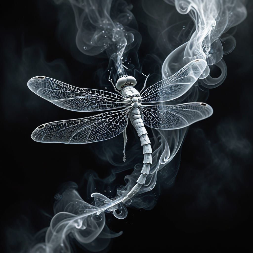 Smokey White Dragonfly with Swirling Smoke Trail