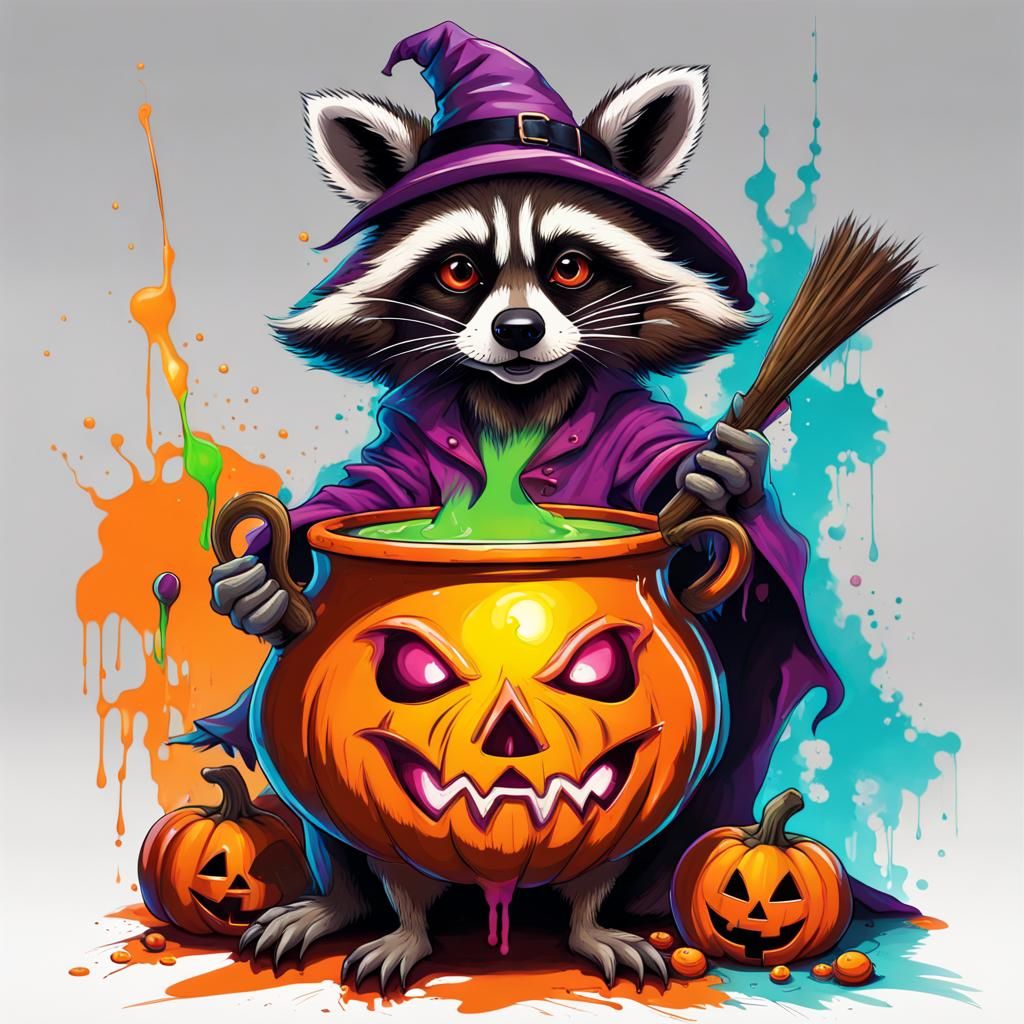 Halloween Raccoon Witch in Graffiti Art Style