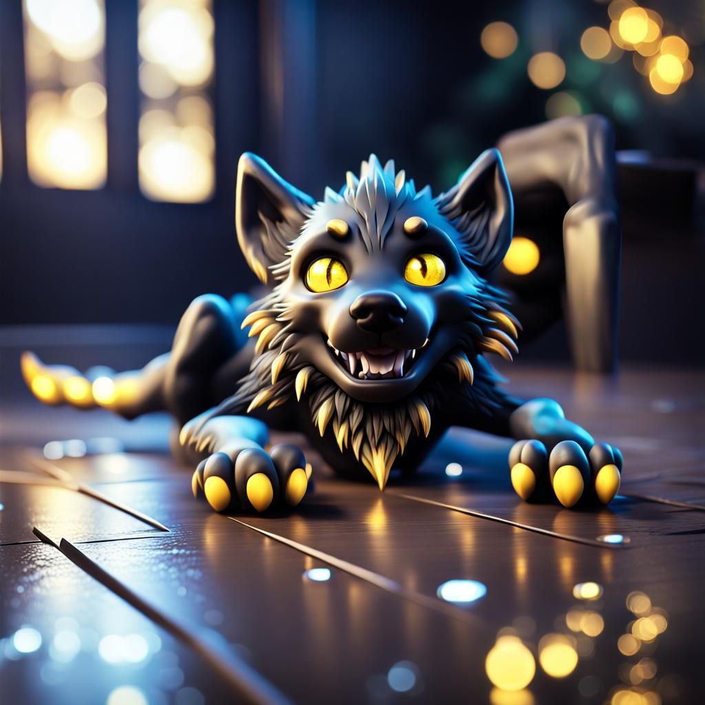 Detailed Chibi Black Wolf with Shimmering Eyes