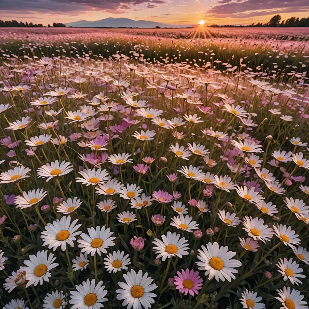 Surreal Daisies Bloom at Sunset in Mixed Media