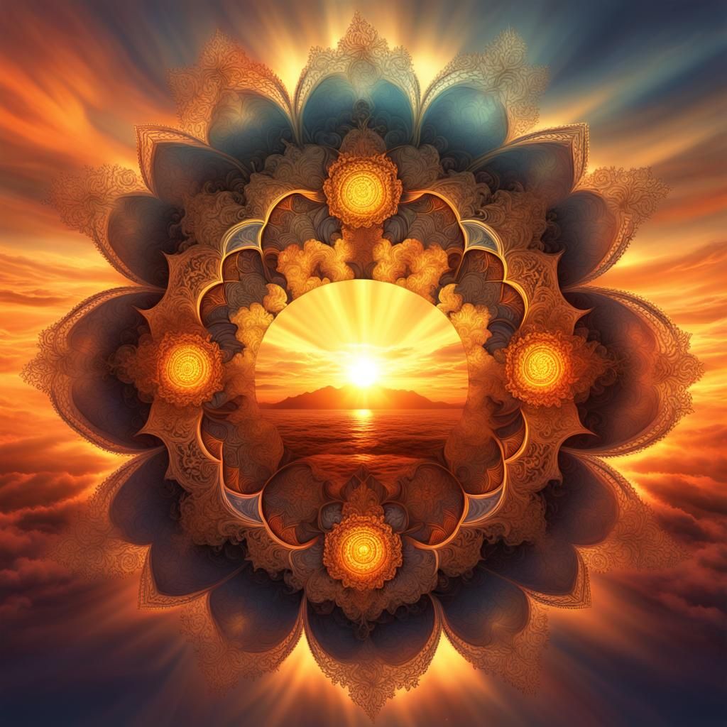Fractal Cloud Sunset with Mandala Sun