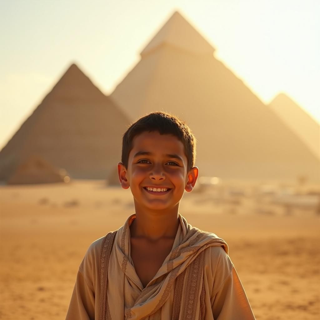 Egyptian Boy with Pyramids in Golden Light