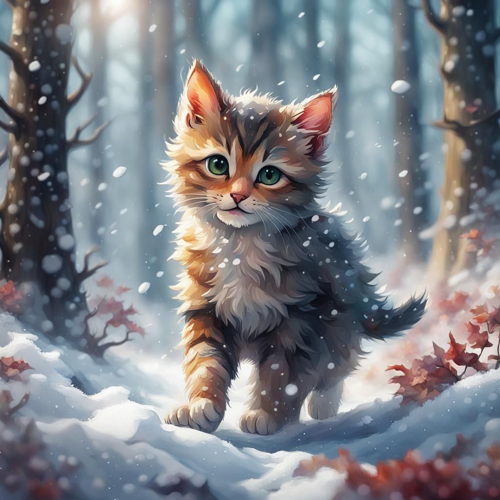 Kitten Walking in Snowy Forest: Oil, Watercolour, Ink