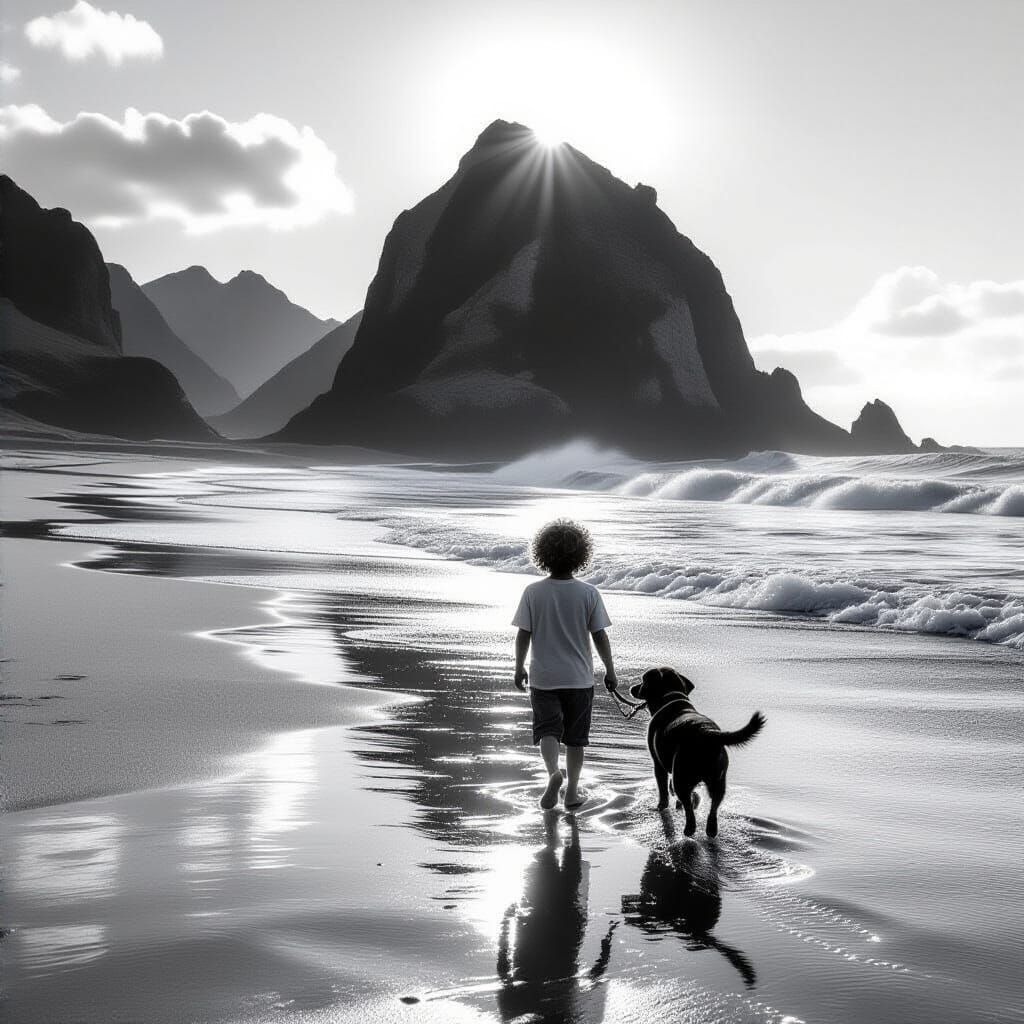 Monochrome Beach Scene with Child and Dog