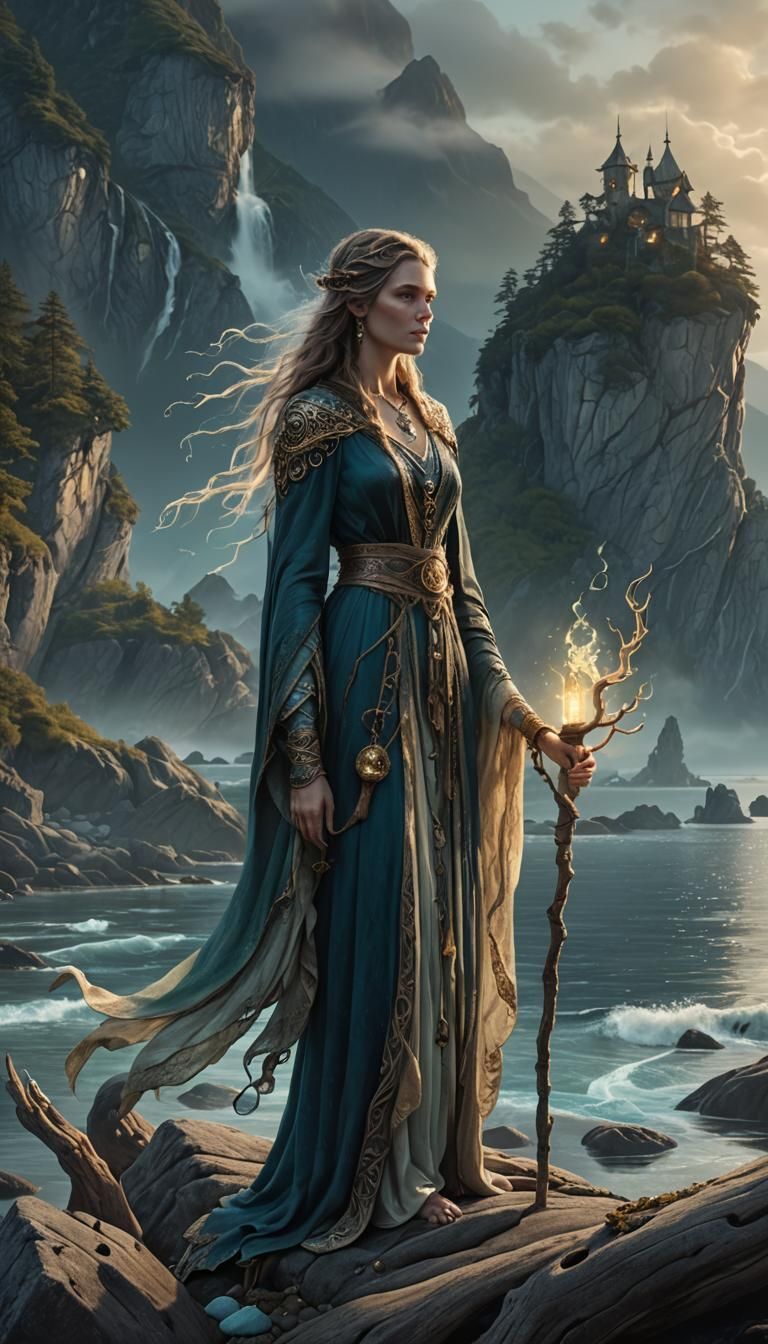Majestic Siren Witch Overlooks Her Fjord, Matte Painting