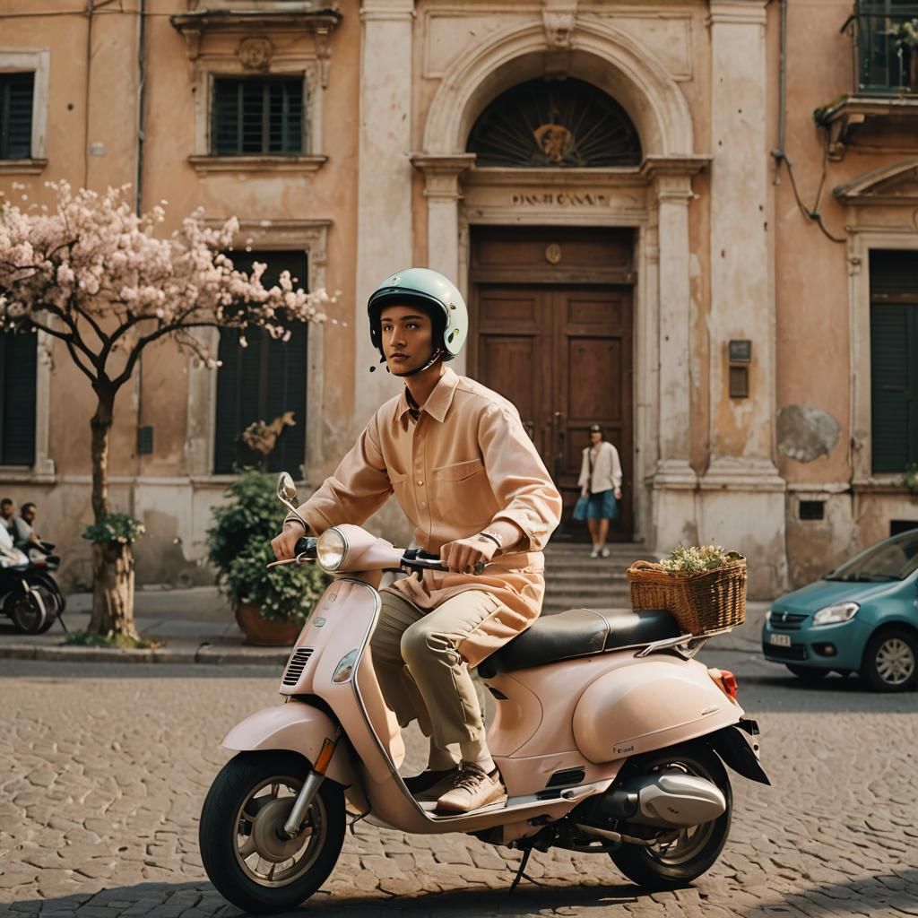 Boy in Pastel Dress Rides Piaggio Moped Through Springtime R...