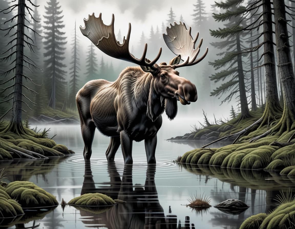 Moose in Misty Lake: Hyperdetailed Charcoal Drawing