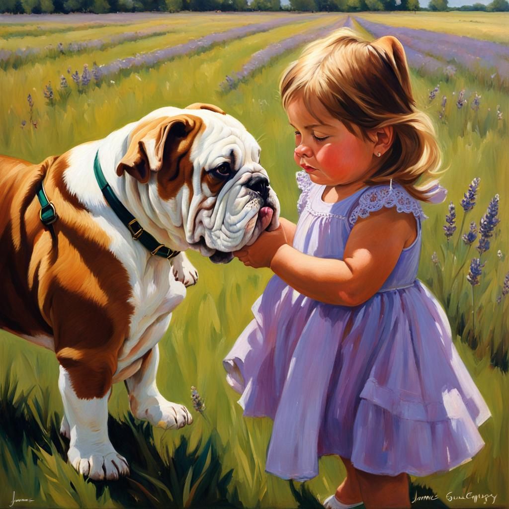 English Bulldog and Toddler in Lavender Field, Oil Painting