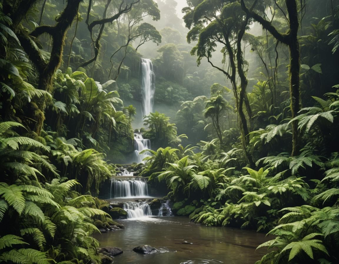 Lush Rainforest Waterfall in Cinematic Style