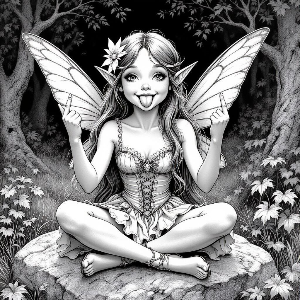 Innocent Fairy in Grayscale Woodland