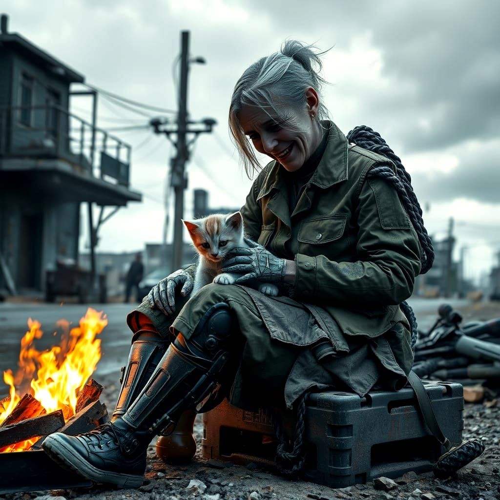 Cyborg Mother Comforts Robot Kitten in Post-Apocalyptic Ruin...