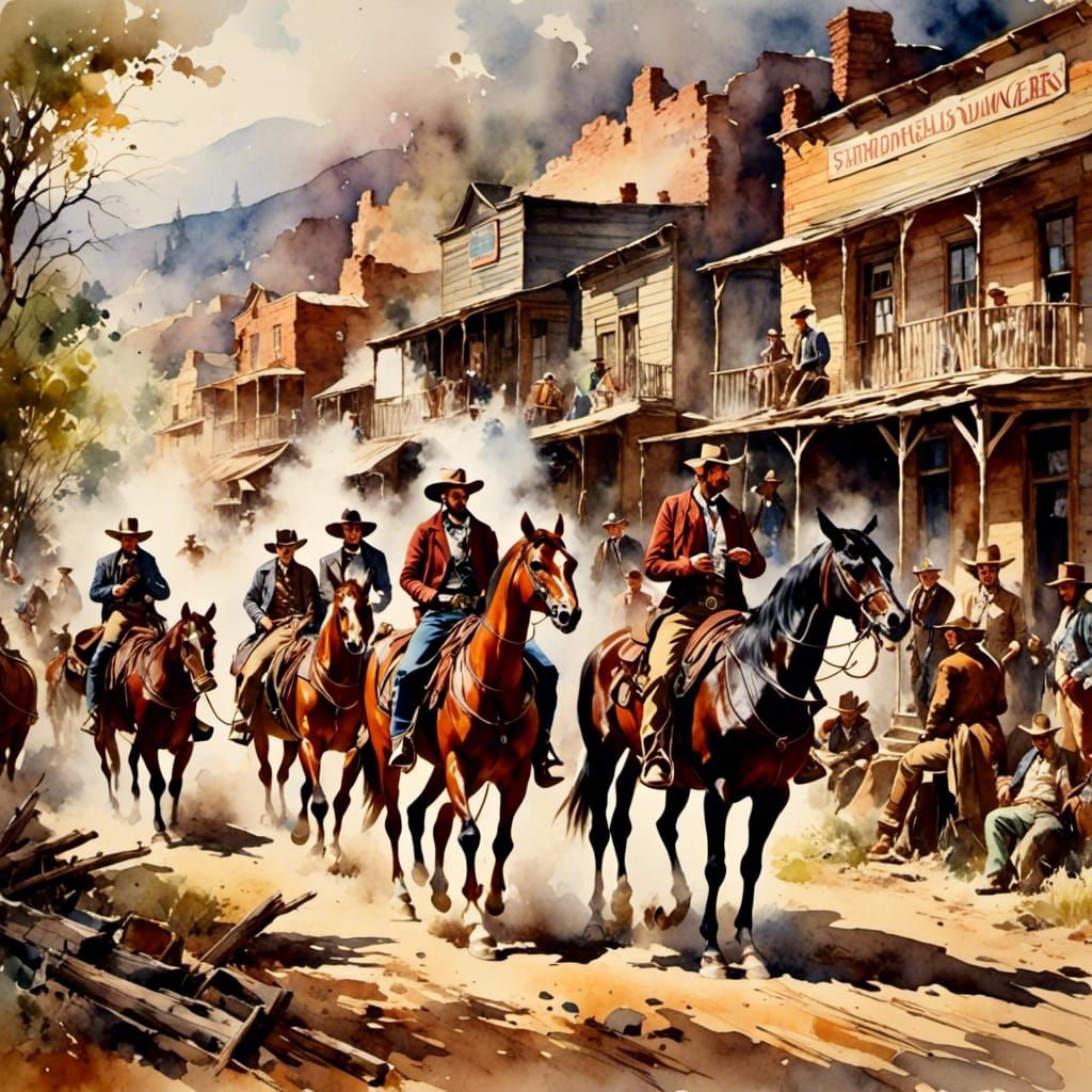 Gunslingers in Old West Town as Antique Watercolor