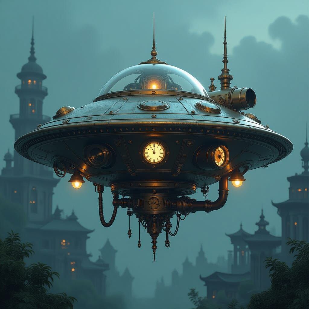 Steampunk UFO met uurwerkmechanismen in mystieke schemering
