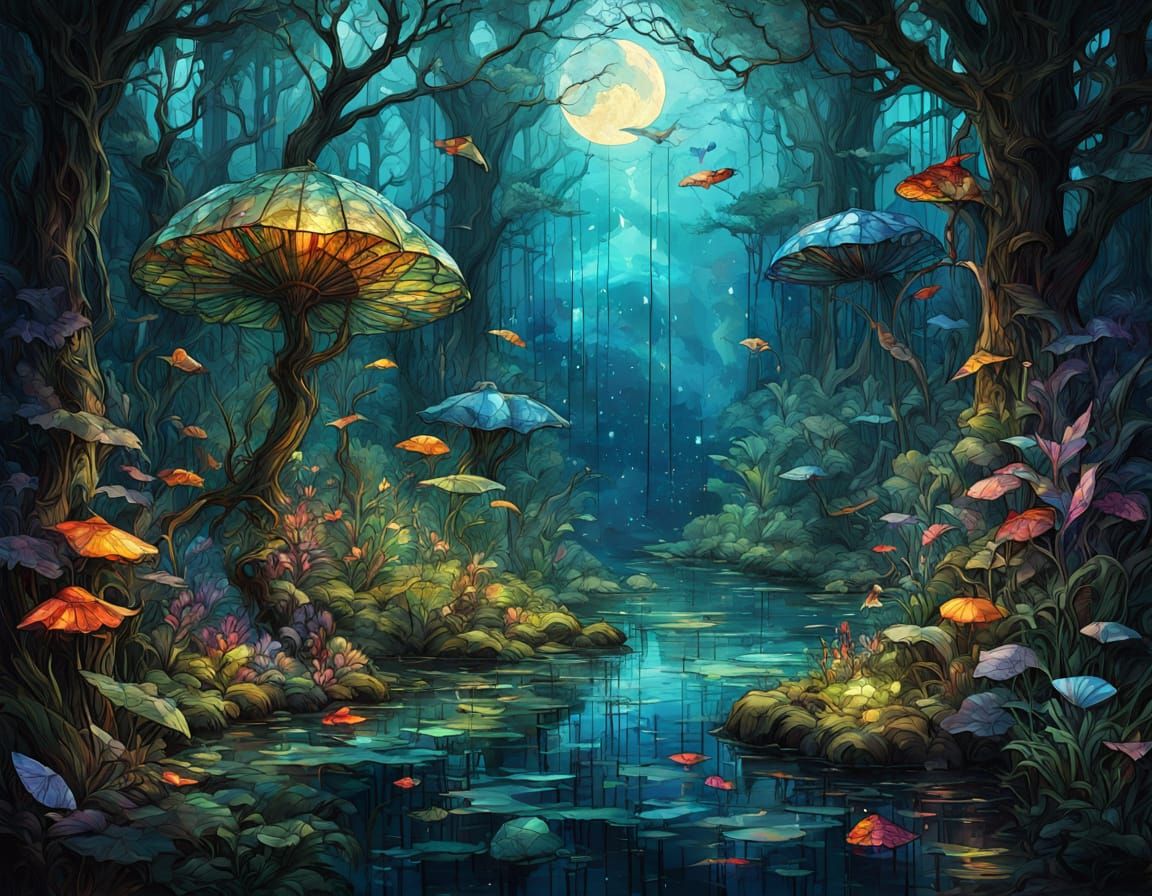 Underwater Moonlit Forest in Stained Glass Style