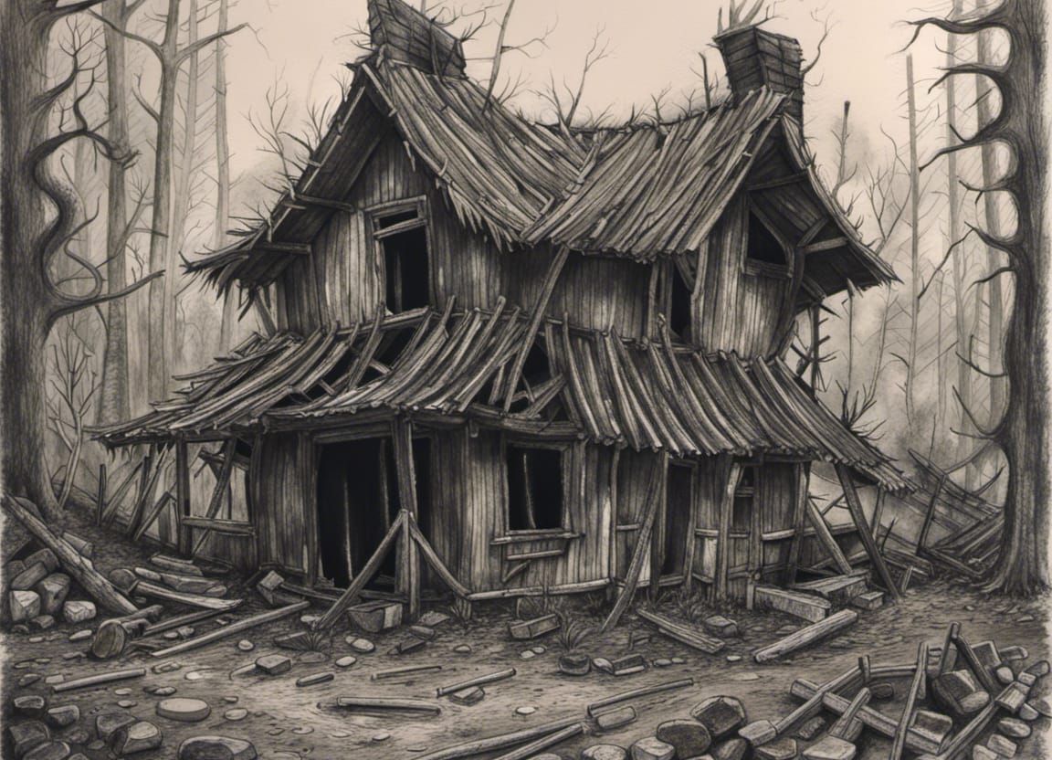Charcoal Drawing of Burned Hut in Forest