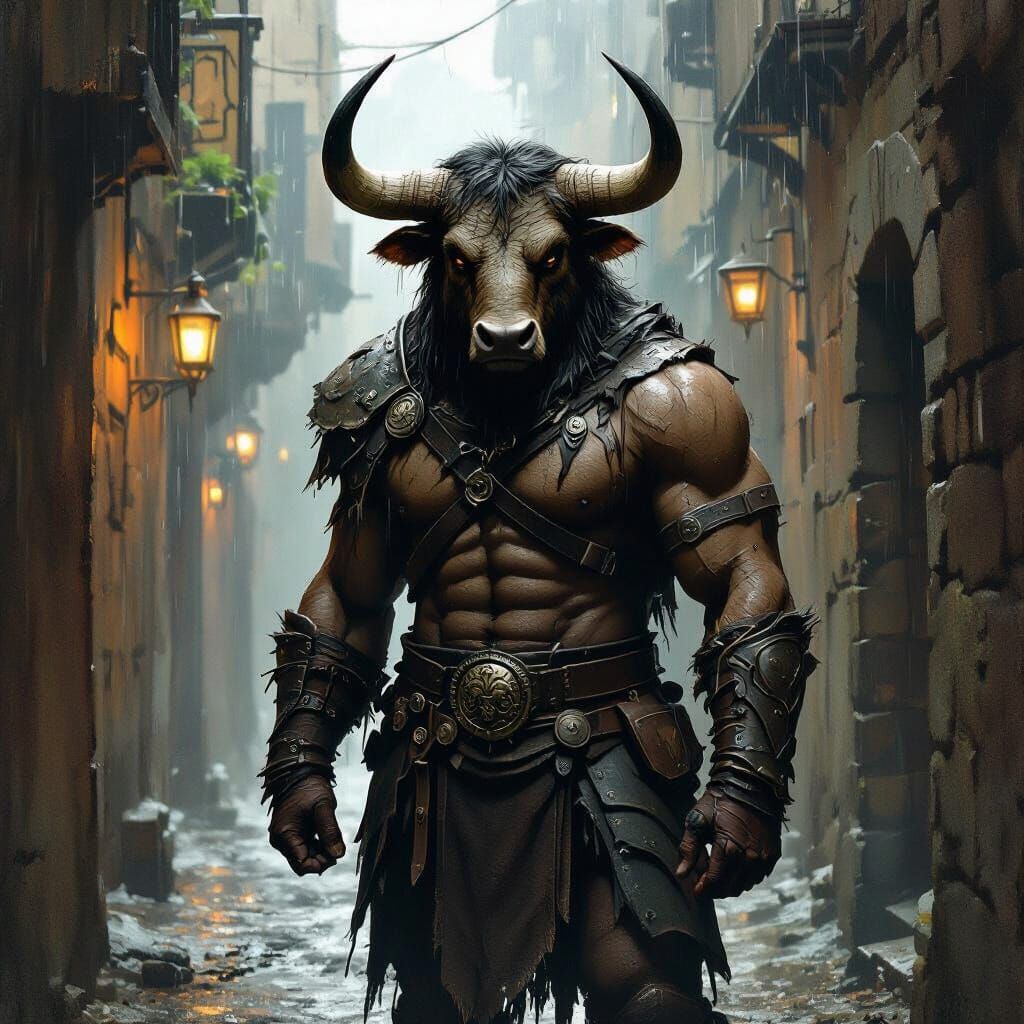 Minotaur in Rainy Alley: Fantasy Art