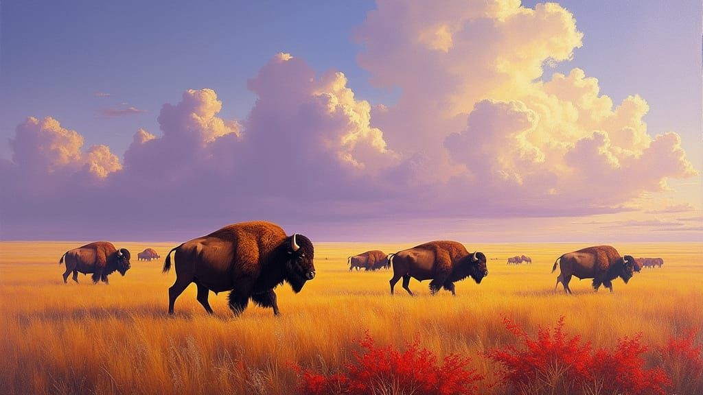 Majestic Buffalo Herd on Sun-Drenched Plains in Oil Painting...