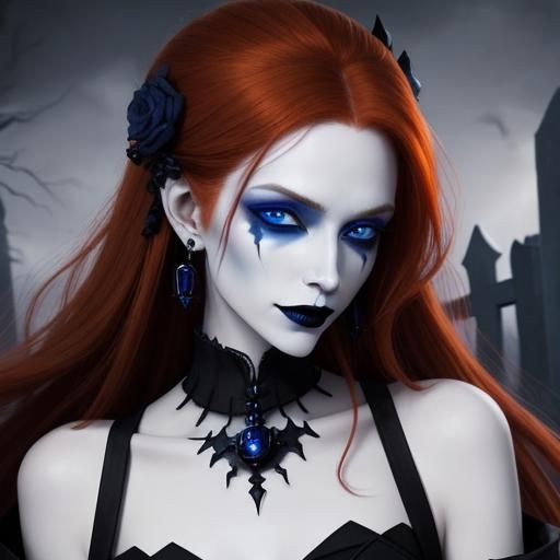 Necromancer Mistress with Blue Eyes in Cemetery