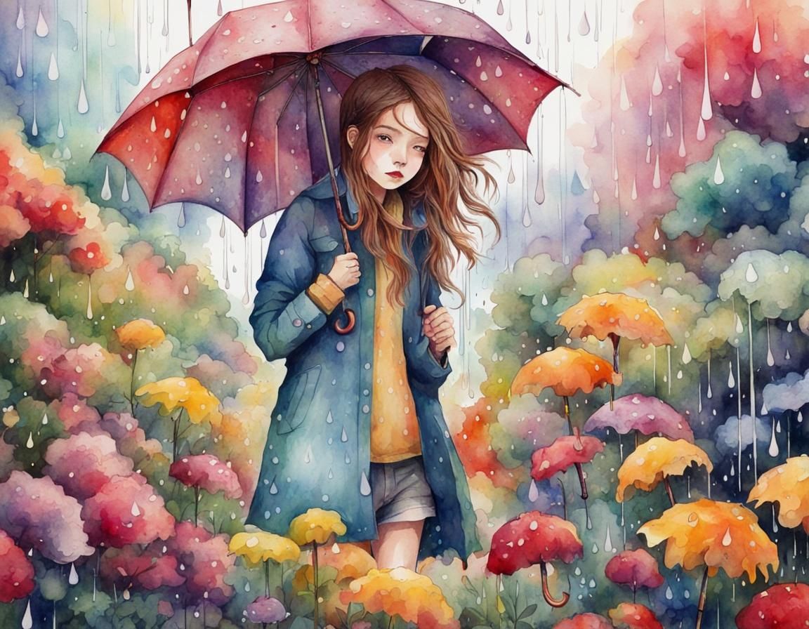 Girl with Umbrella in Rainy Flower Garden