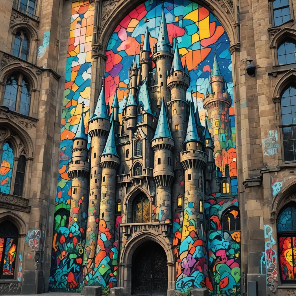 Surreal Castle Unfolds with Vibrant Street Art Graffiti