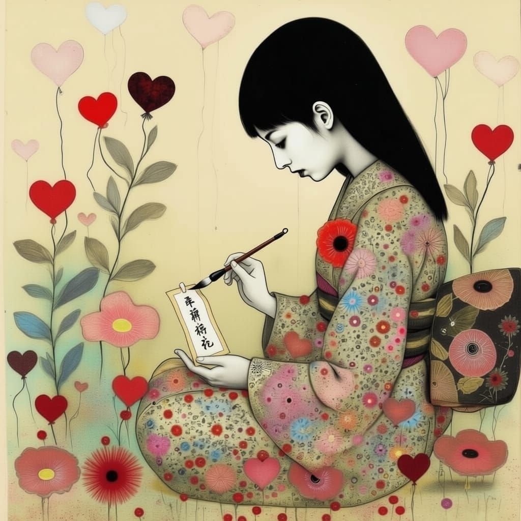 Japanese Woman Writing Waka Poem in Surreal Collage Style