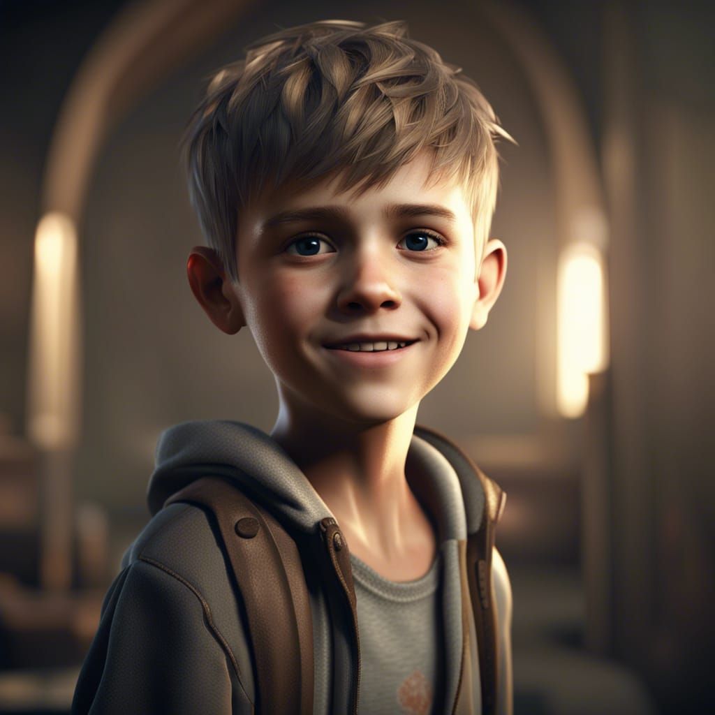 Beautiful Smiling Boy in 3D Game Cinematic Style