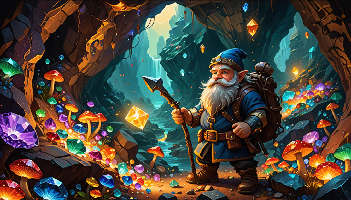 Vibrant Dwarf Explorer in a Gemstone Cave