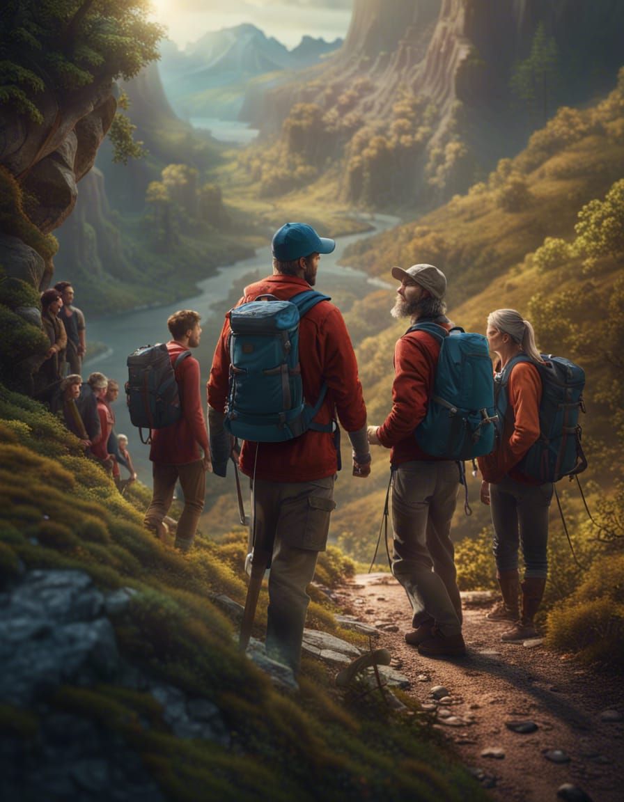 Tour Guide Leading Hikers in Detailed Matte Painting