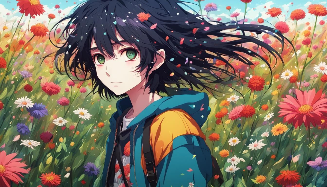 Anime Girl in Flower Field, Emo Style