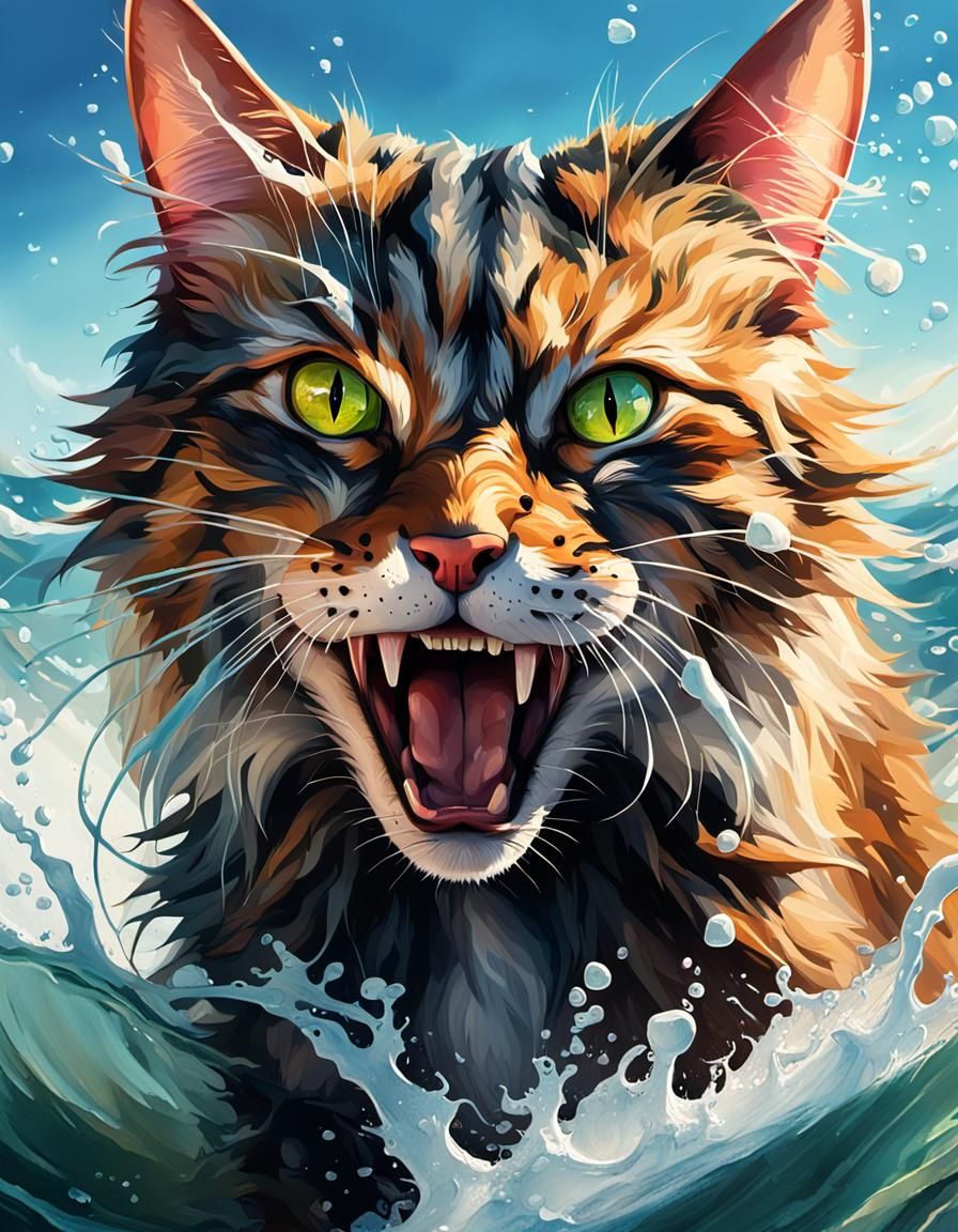 Menacing Cat Snarl in Ocean Splash Art