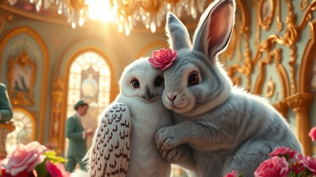 Whimsical Snowy Owl and Bunny Duo in Rococo-Inspired Setting