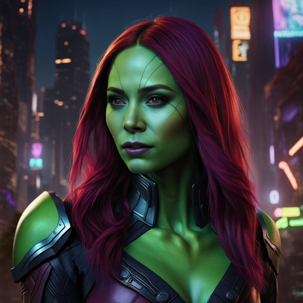 Gamora in Extraterrestrial City: 8k Digital Art