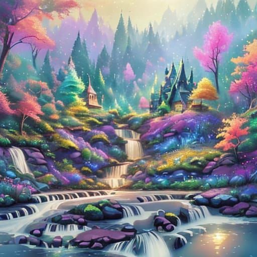 Vibrant Mountain Waterfall Landscape with Golden Hour Glow