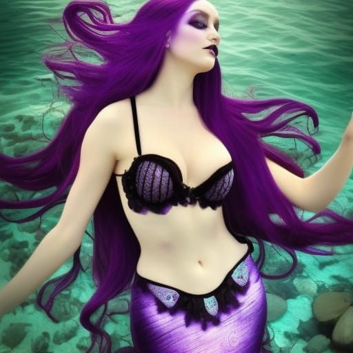 Ethereal gothic mermaid with long flowing black hair& vibrant purple eyes& Beautiful pale complexion& dark purple seashe...