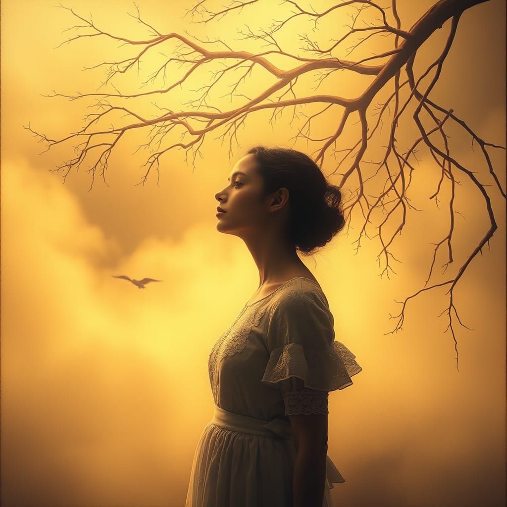 Dreamscape with Woman in Sepia Tones, Klimt Inspired