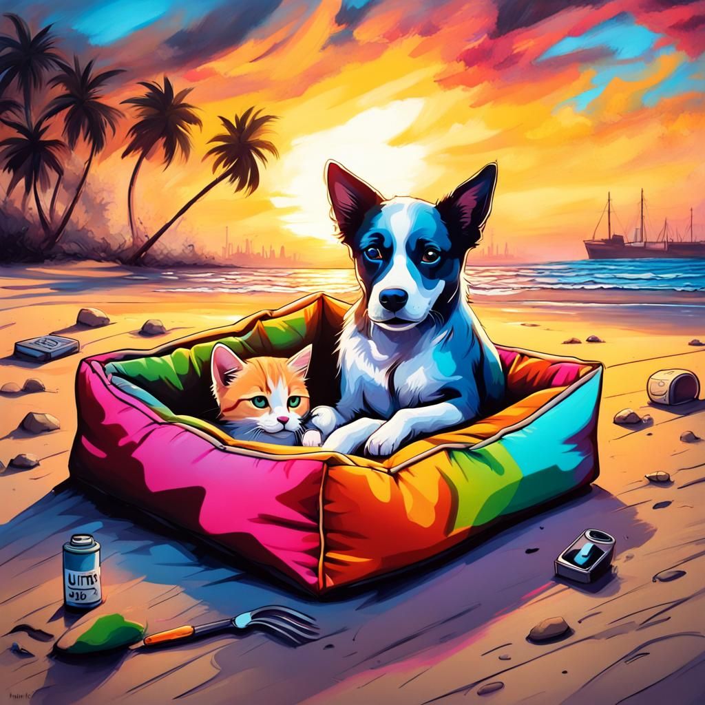 Dog and Kitten Cuddling on Beach in Graffiti Style