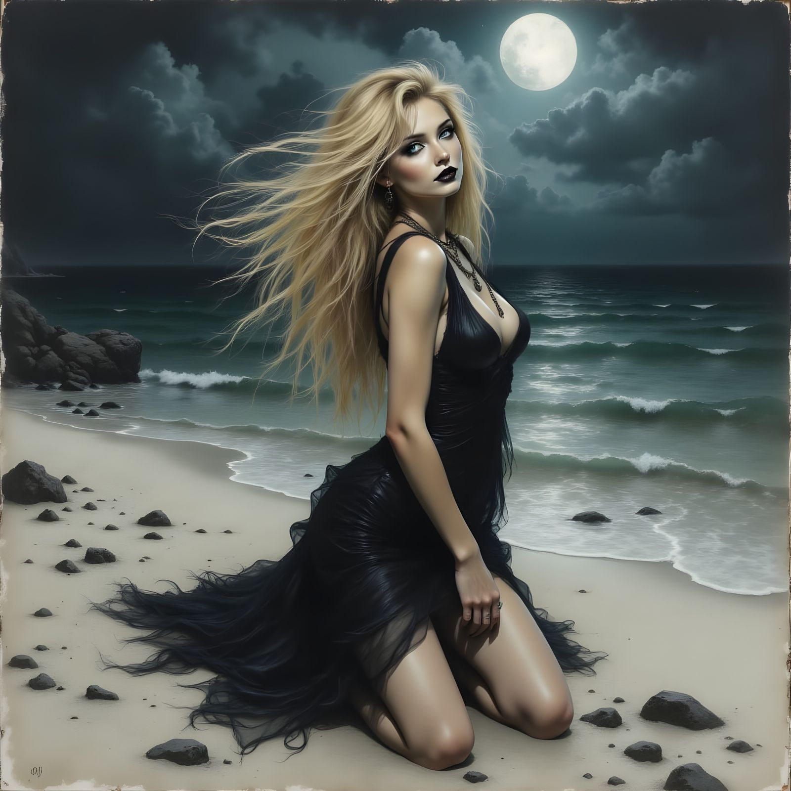 Norse Goddess on Moonlit Beach in Vintage Style