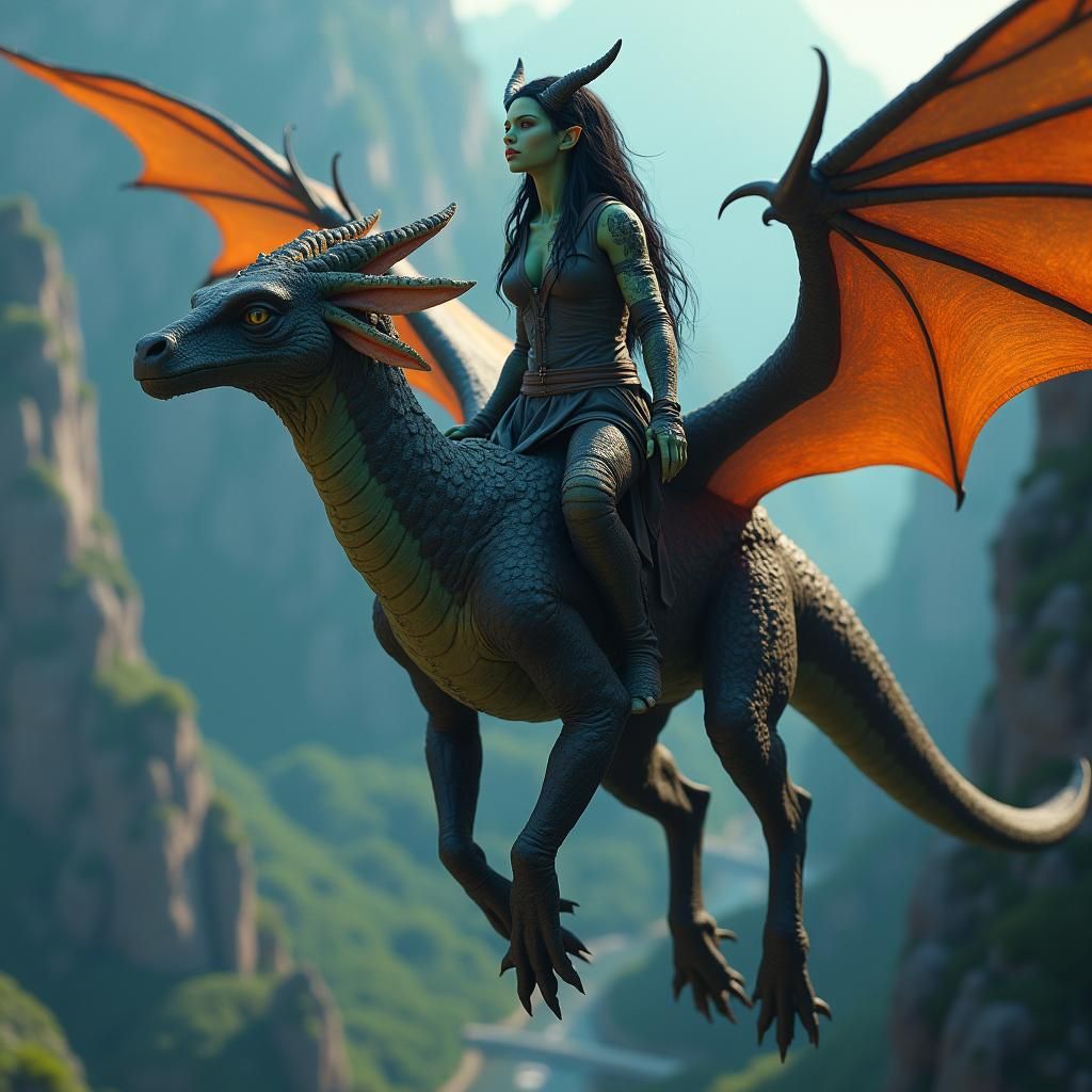 Orc Rider on Wyvern in Fantasy Landscape