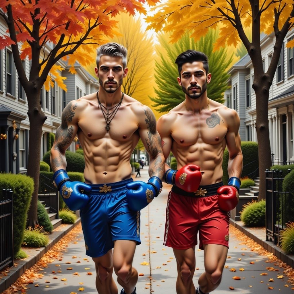 Gay Couple Jogging in Autumn Street Oil Painting