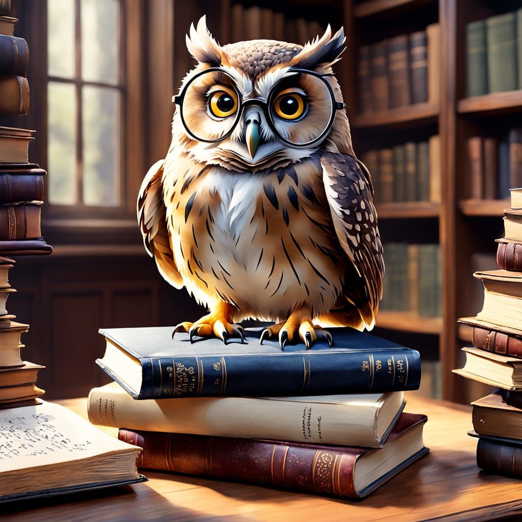 Wise Owl in Cozy Library: Watercolor Painting