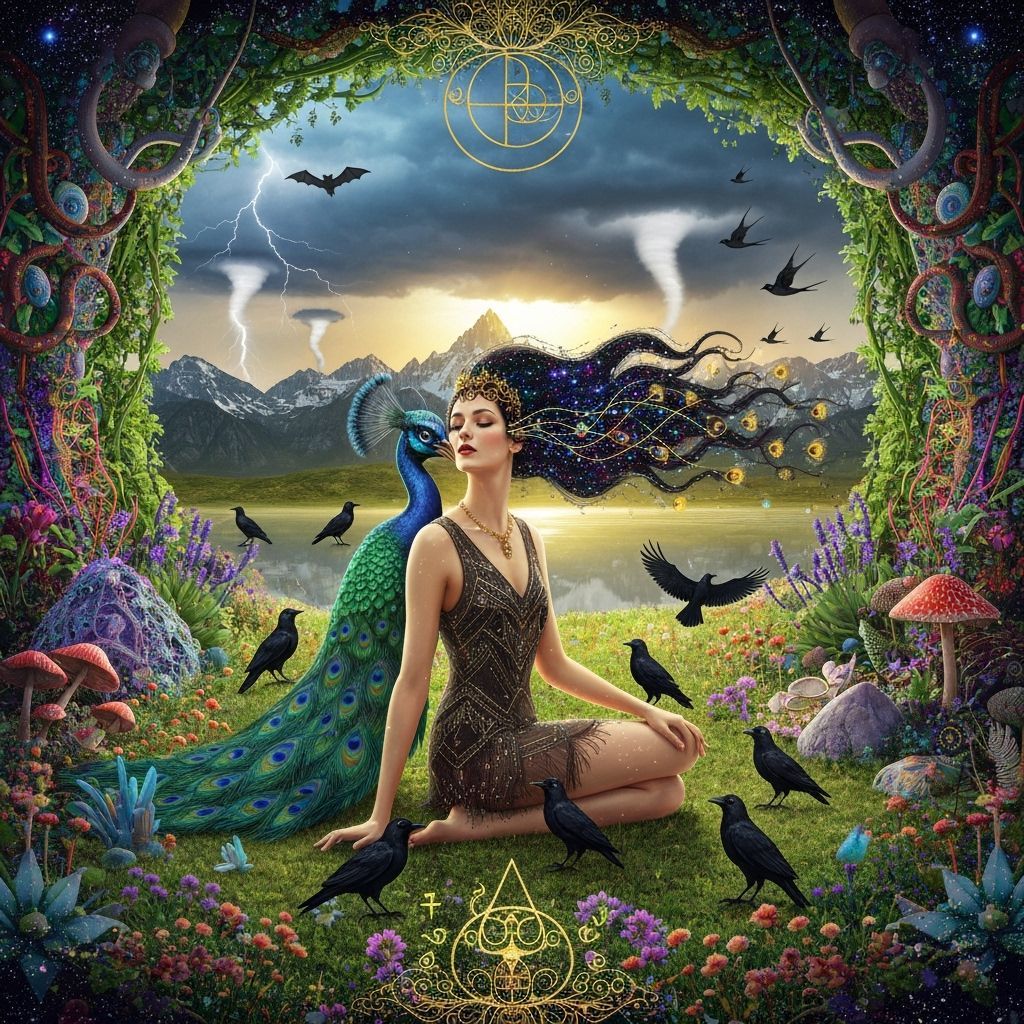 Demon-Peacock Creature Embraces Stardust Woman in Surreal Ga...