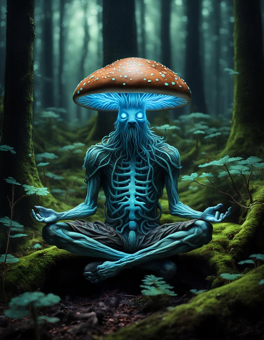 Mushroom Mystic Meditates in Bioluminescent Forest
