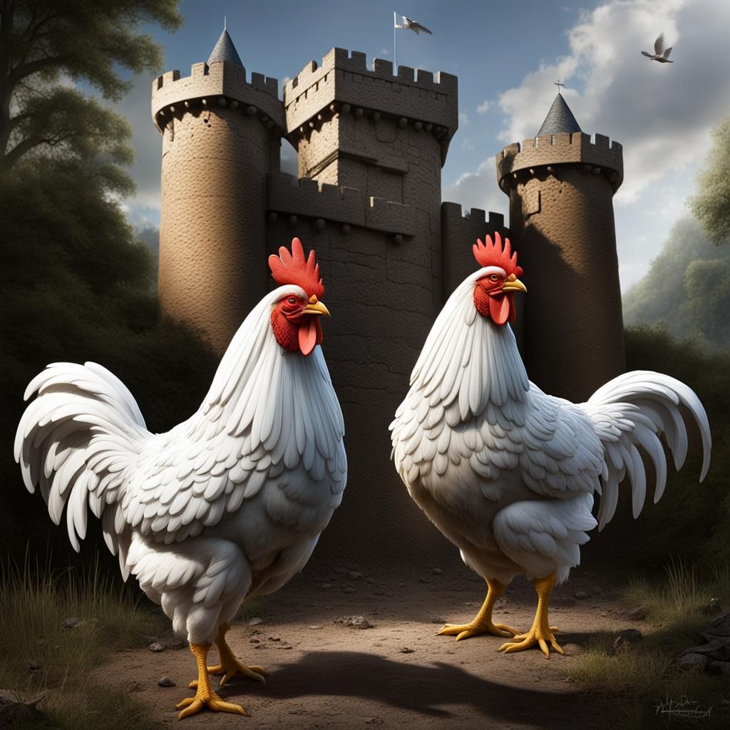 Two white chickens standing in front of a majestic castle.