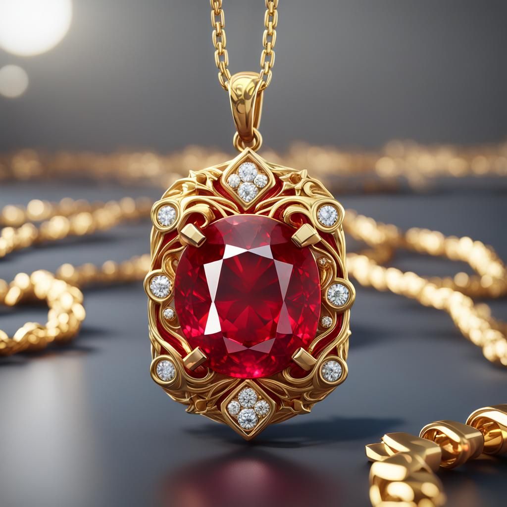 Gold Ruby Pendant with Diamonds in 3D
