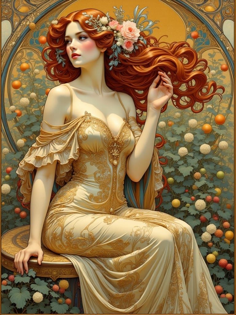 Regal Redhead in Art Nouveau Floral Headdress