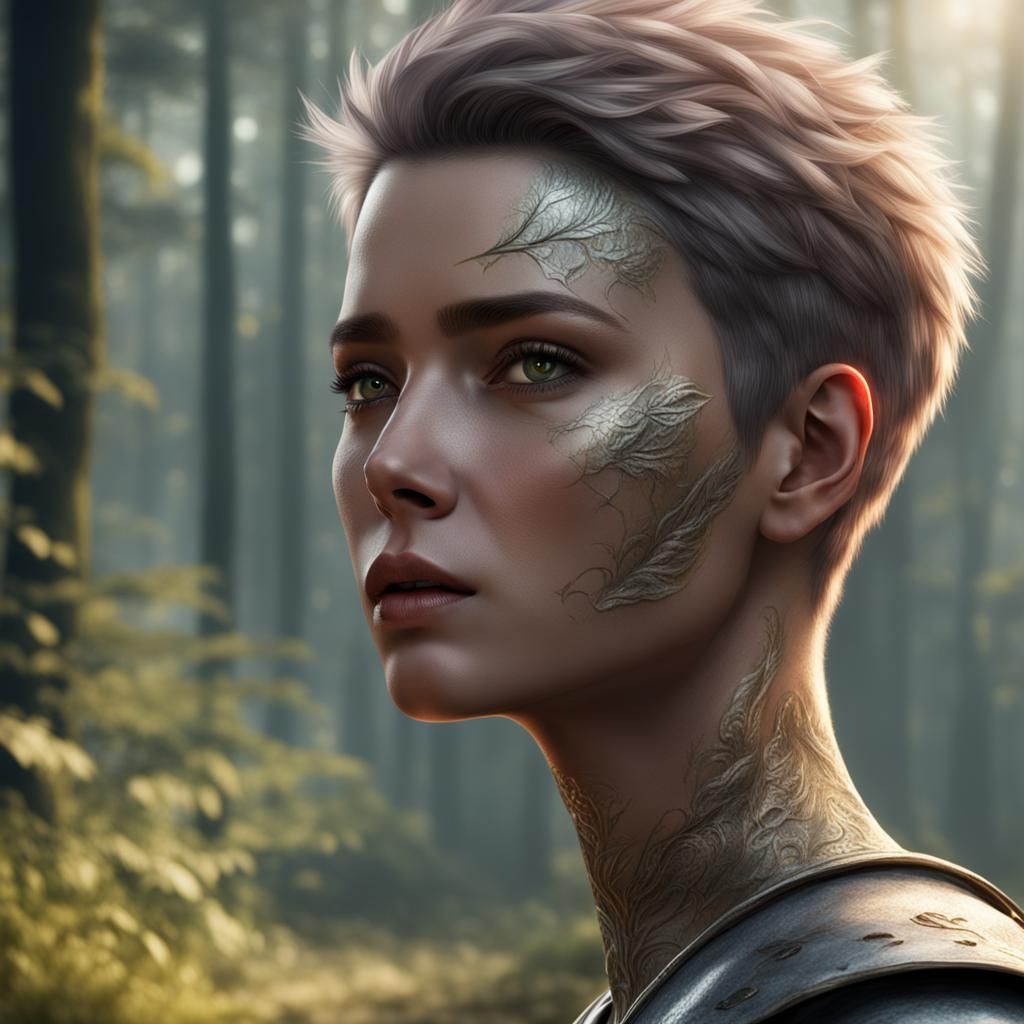human female, fantasy, healing powers, short hair, living in wild, realistic head and shoulders portrait, 8k resolution ...